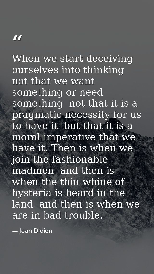 When we start deceiving ourselves into thinking not that we want something or need something  not that it is a pragmatic — Joan Didion