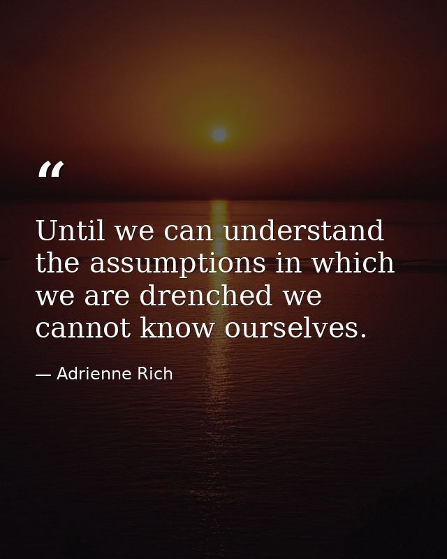 Until we can understand the assumptions in which we are drenched we cannot know ourselves. — Adrienne Rich