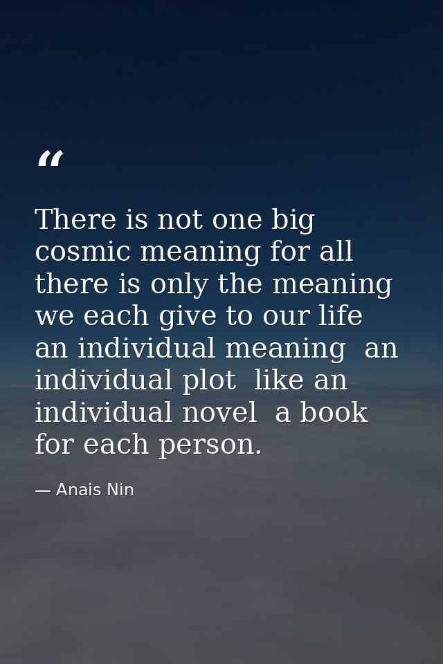 There is not one big cosmic meaning for all  there is only the meaning we each give to our life  an individual meaning   — Anais Nin