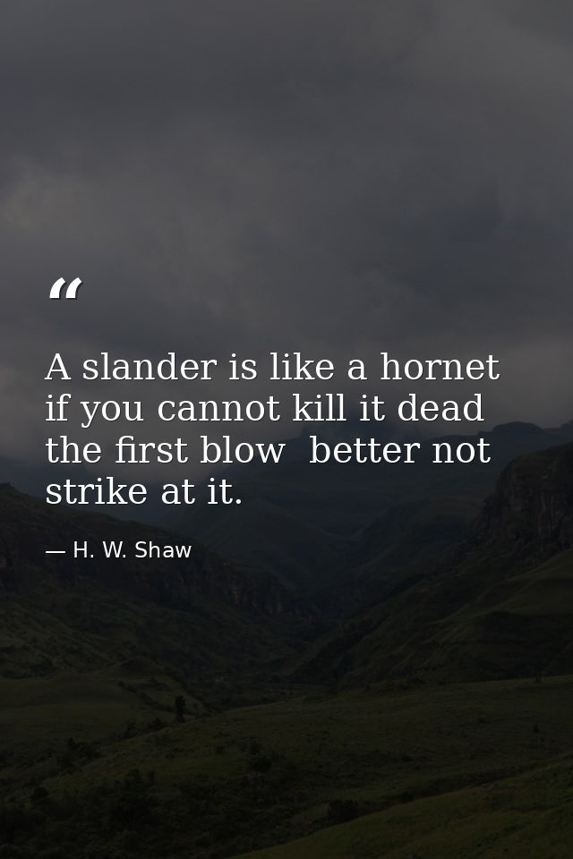 A slander is like a hornet  if you cannot kill it dead the first blow  better not strike at it. — H. W. Shaw