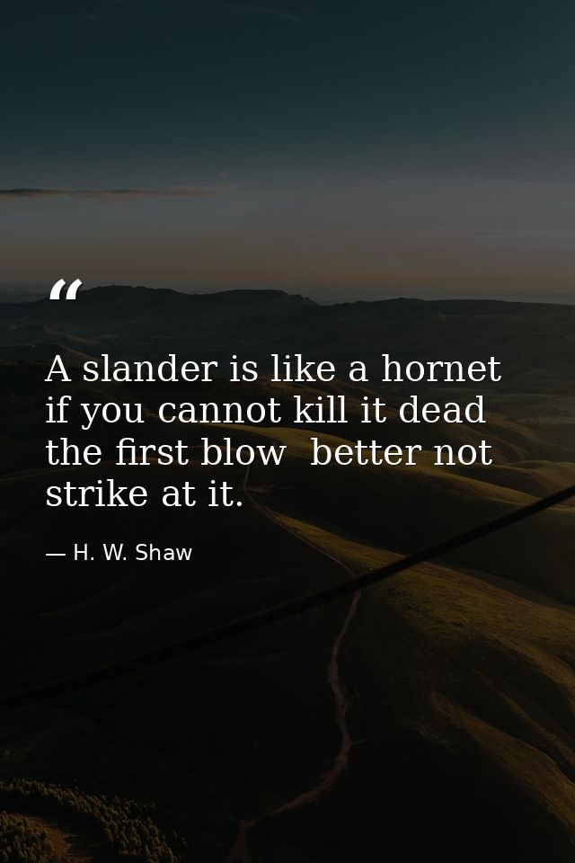 A slander is like a hornet  if you cannot kill it dead the first blow  better not strike at it. — H. W. Shaw