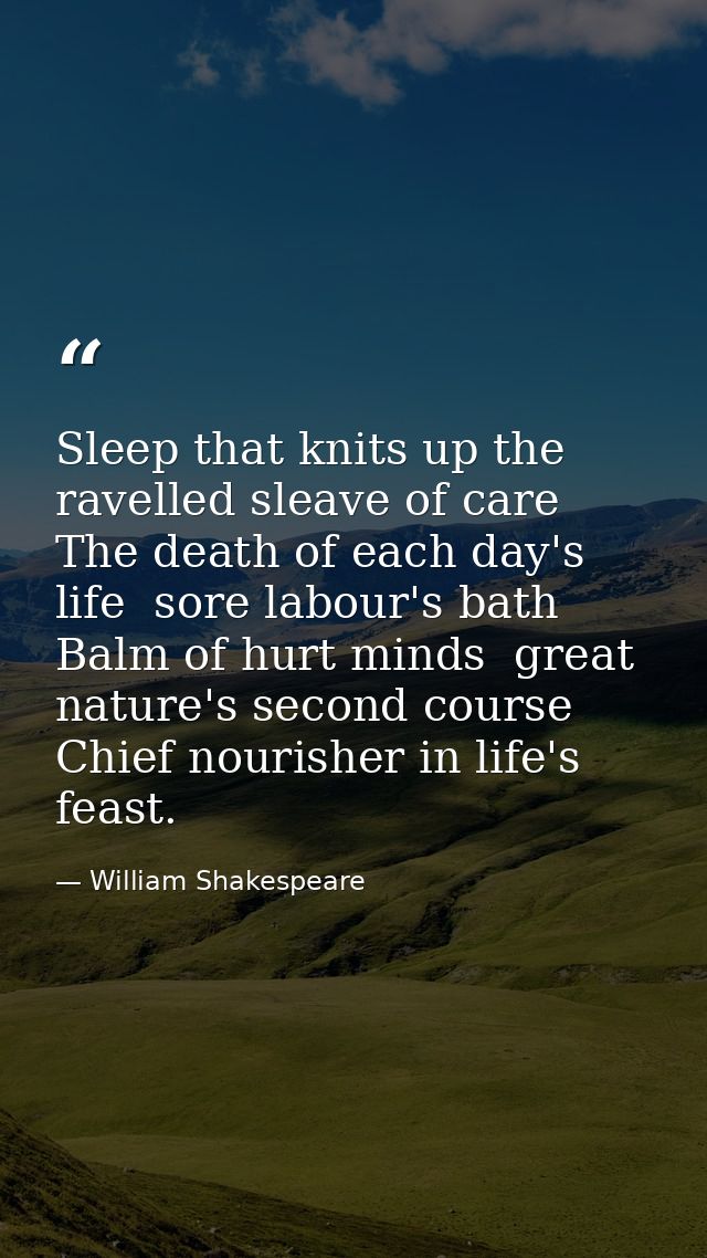 Sleep that knits up the ravelled sleave of care  The death of each day's life  sore labour's bath  Balm of hurt minds  g — William Shakespeare