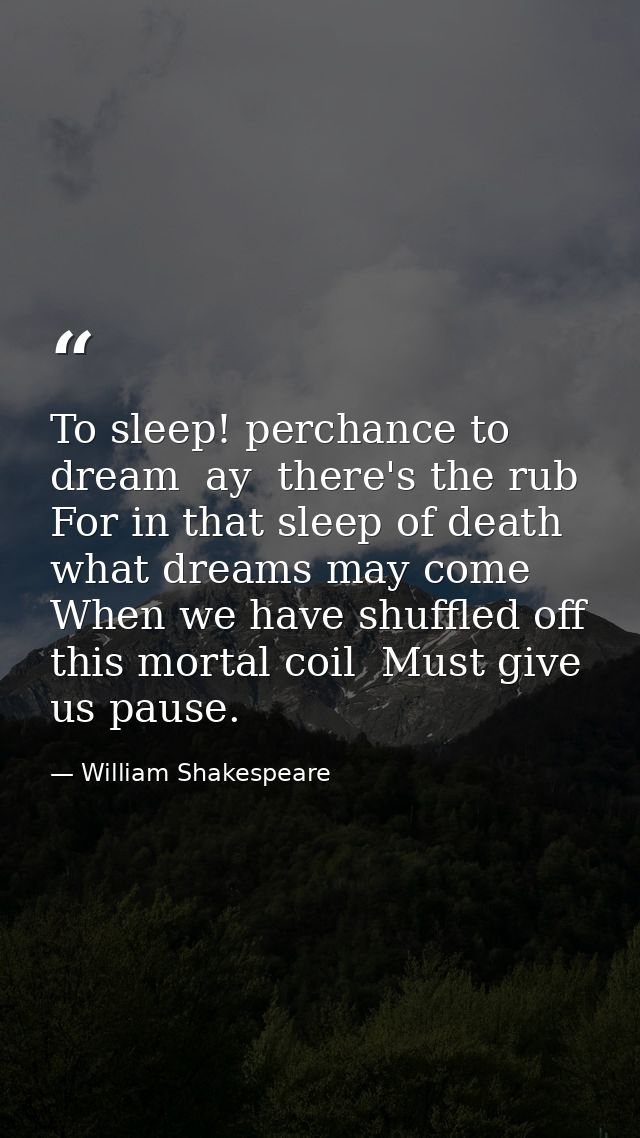 To sleep! perchance to dream  ay  there's the rub  For in that sleep of death what dreams may come  When we have shuffle — William Shakespeare