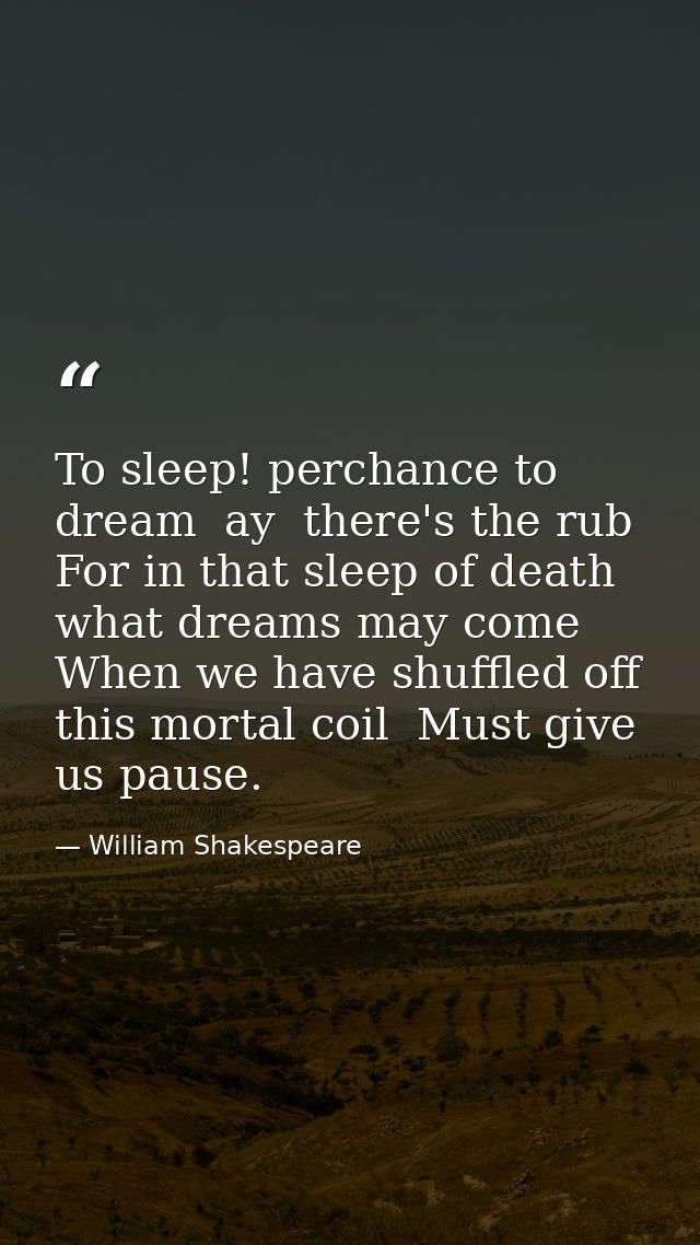 To sleep! perchance to dream  ay  there's the rub  For in that sleep of death what dreams may come  When we have shuffle — William Shakespeare
