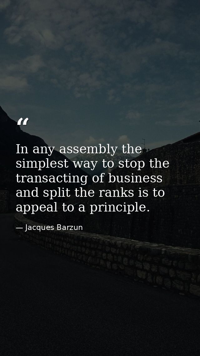 In any assembly the simplest way to stop the transacting of business and split the ranks is to appeal to a principle. — Jacques Barzun