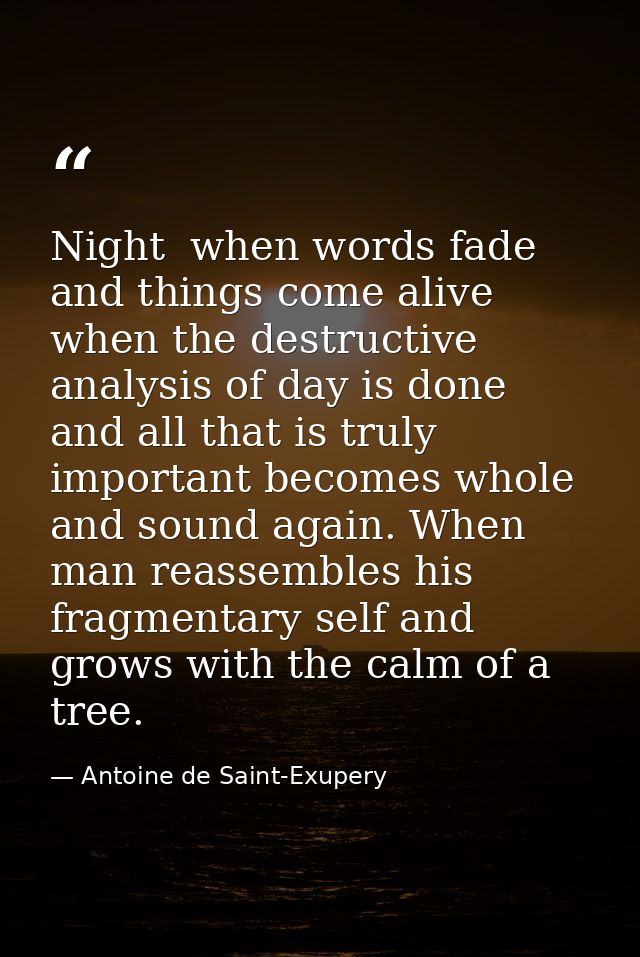 Night  when words fade and things come alive  when the destructive analysis of day is done  and all that is truly import — Antoine de Saint-Exupery