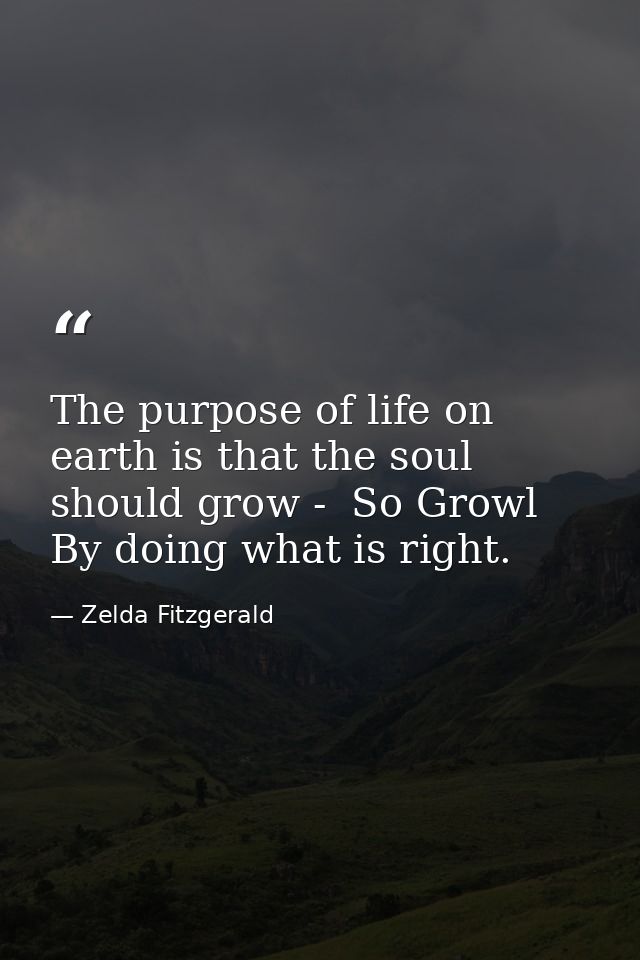 The purpose of life on earth is that the soul should grow -  So Growl By doing what is right. — Zelda Fitzgerald