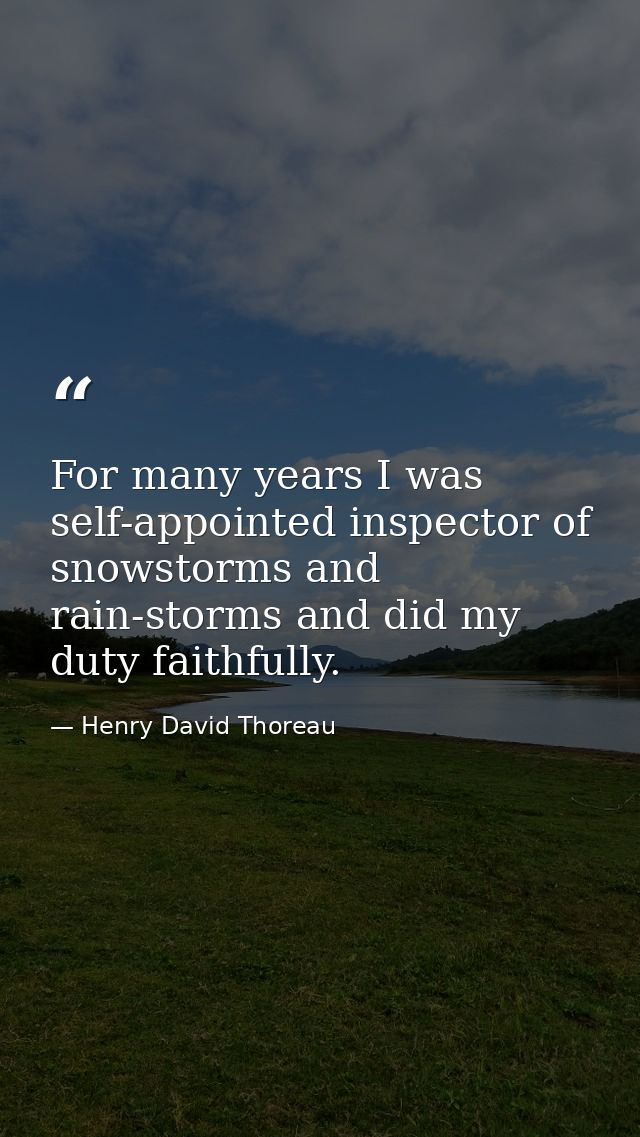 For many years I was self-appointed inspector of snowstorms and rain-storms and did my duty faithfully. — Henry David Thoreau
