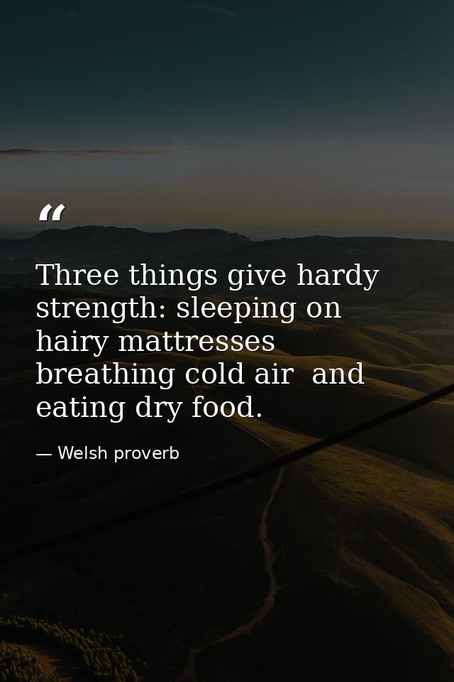 Three things give hardy strength: sleeping on hairy mattresses  breathing cold air  and eating dry food. — Welsh proverb