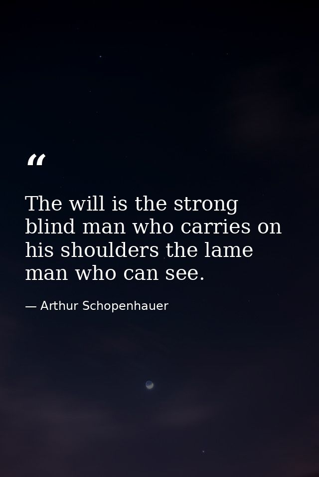 The will is the strong blind man who carries on his shoulders the lame man who can see. — Arthur Schopenhauer
