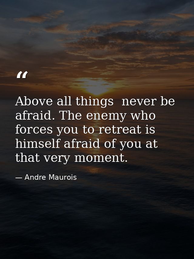 Above all things  never be afraid. The enemy who forces you to retreat is himself afraid of you at that very moment. — Andre Maurois