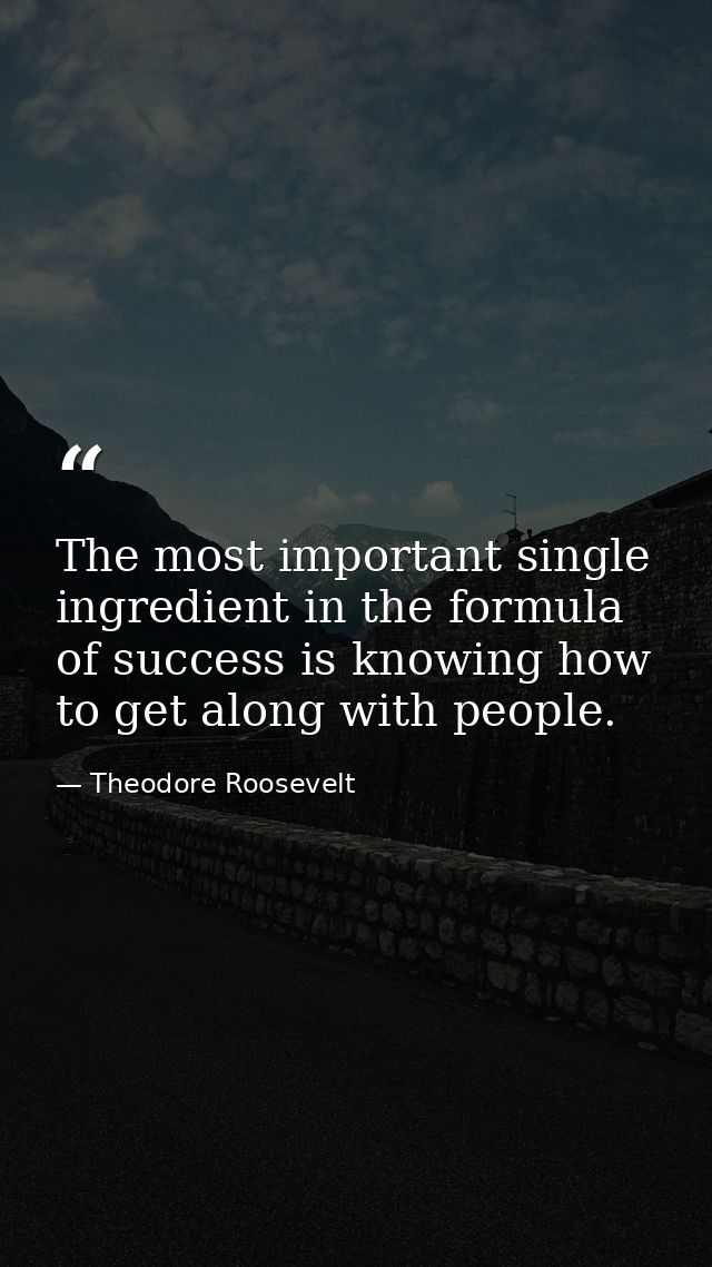 The most important single ingredient in the formula of success is knowing how to get along with people. — Theodore Roosevelt