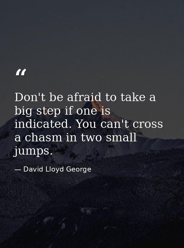 Don't be afraid to take a big step if one is indicated. You can't cross a chasm in two small jumps. — David Lloyd George