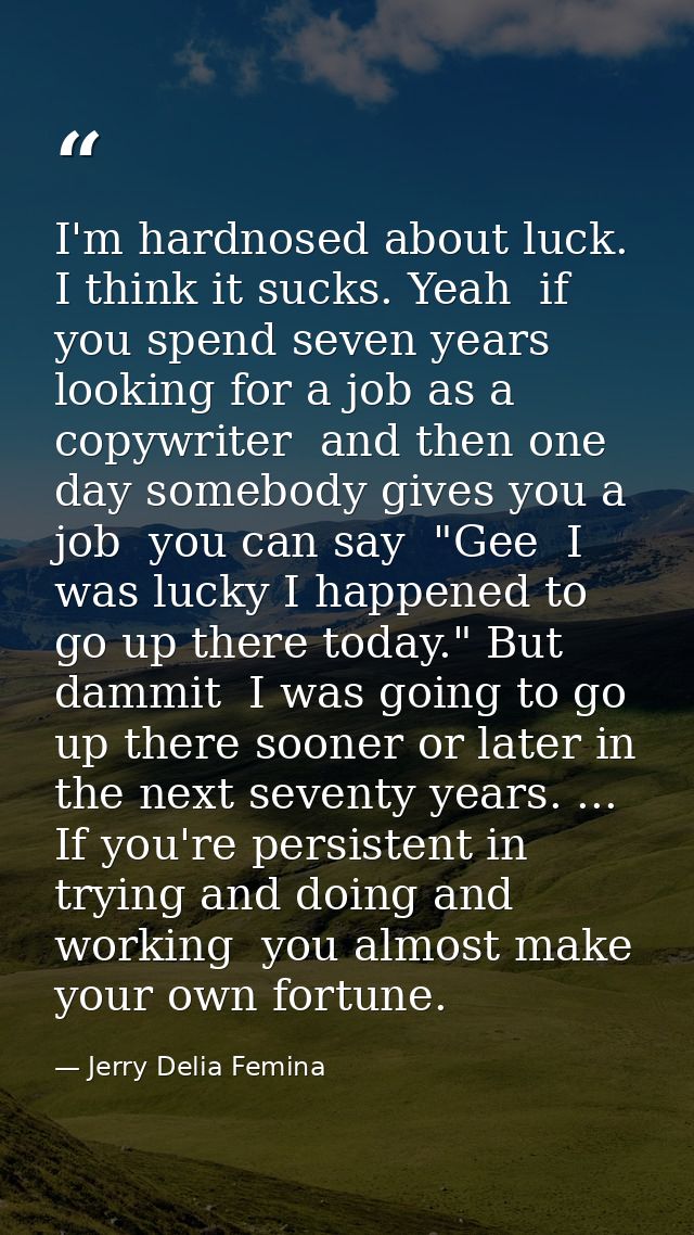 I'm hardnosed about luck. I think it sucks. Yeah  if you spend seven years looking for a job as a copywriter  and then o — Jerry Delia Femina