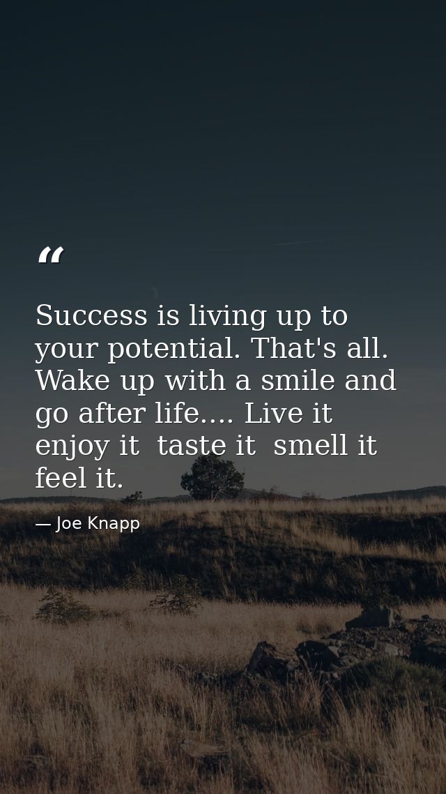 Success is living up to your potential. That's all. Wake up with a smile and go after life.... Live it  enjoy it  taste  — Joe Knapp