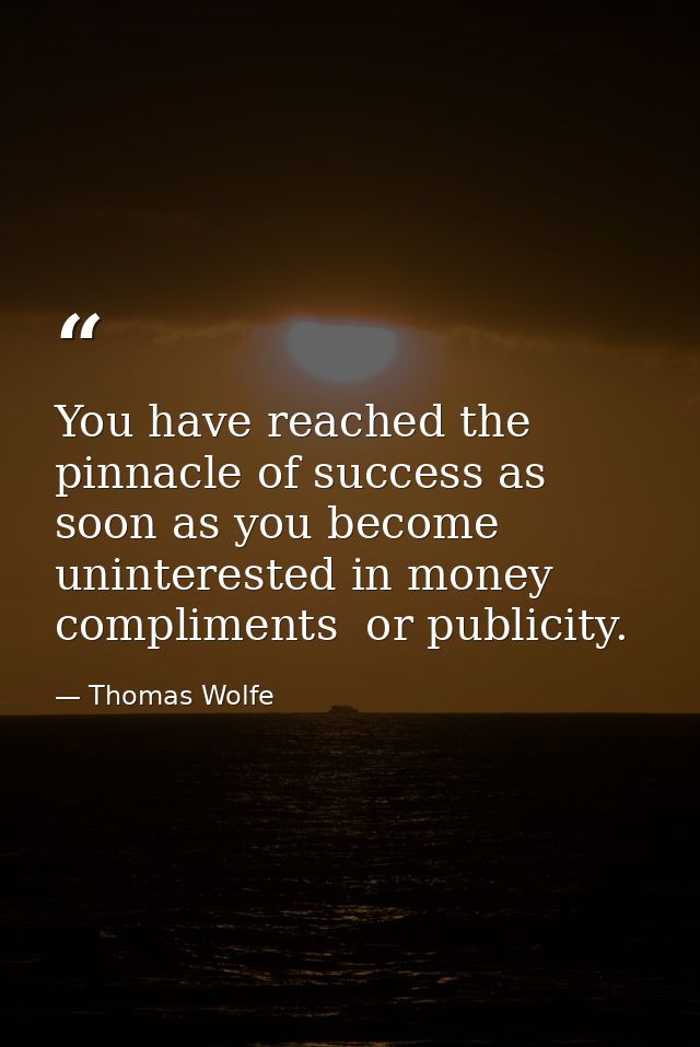 You have reached the pinnacle of success as soon as you become uninterested in money  compliments  or publicity. — Thomas Wolfe