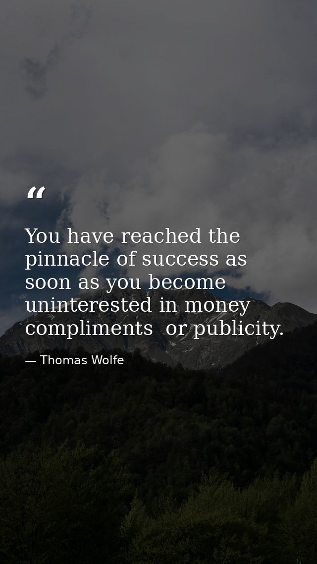 You have reached the pinnacle of success as soon as you become uninterested in money  compliments  or publicity. — Thomas Wolfe
