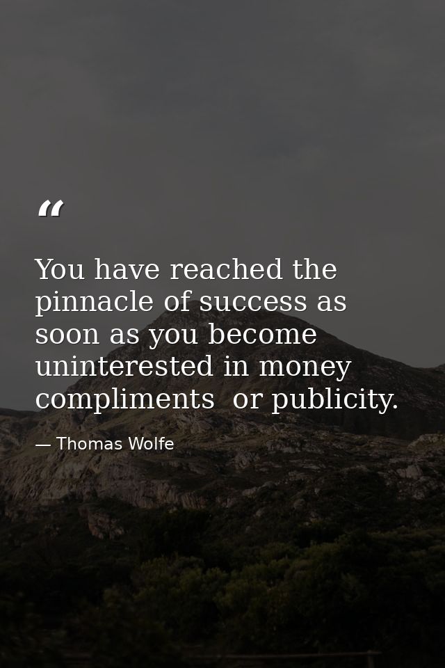 You have reached the pinnacle of success as soon as you become uninterested in money  compliments  or publicity. — Thomas Wolfe