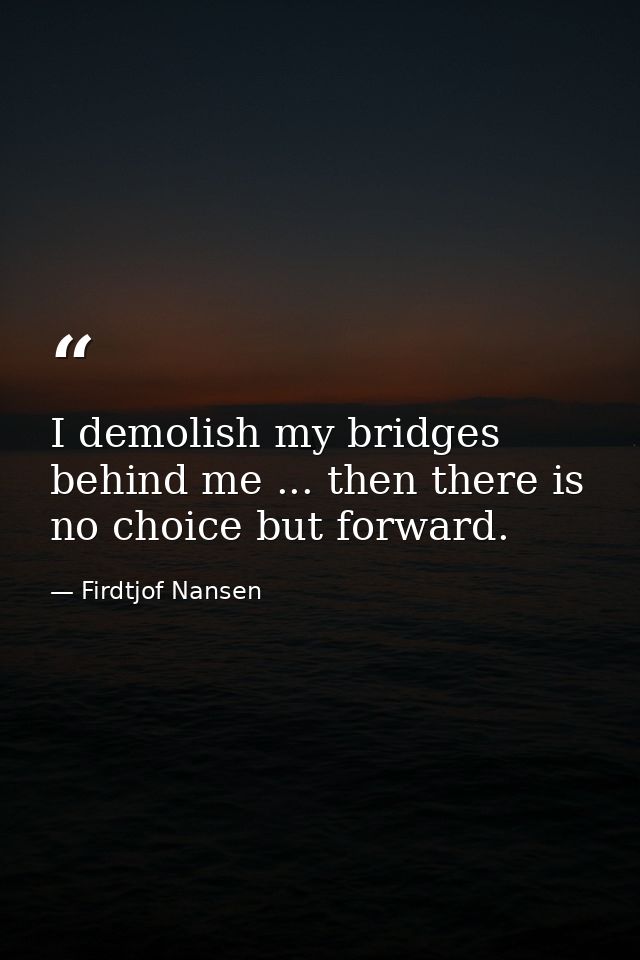 I demolish my bridges behind me ... then there is no choice but forward. — Firdtjof Nansen