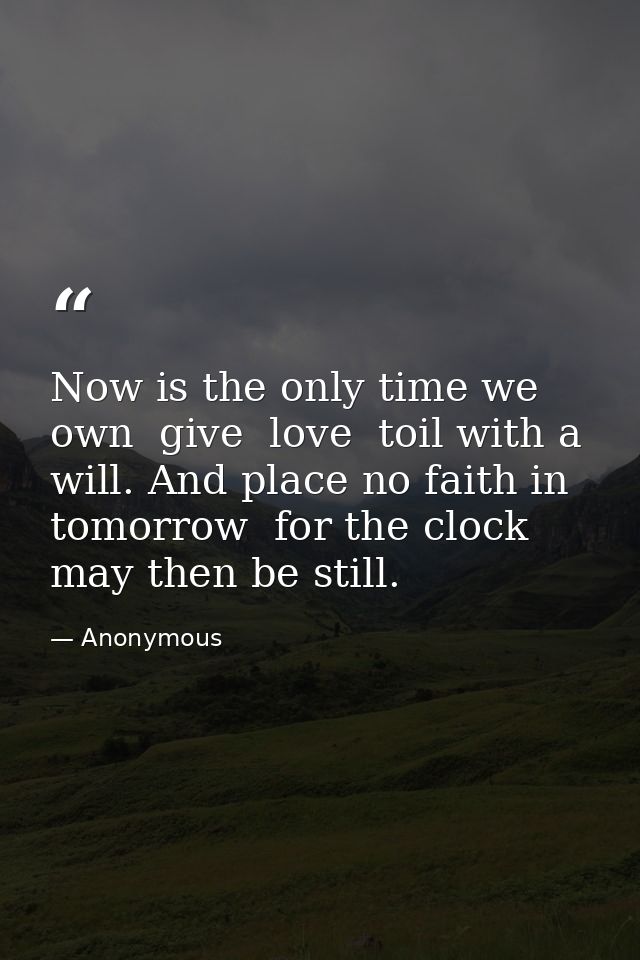 Now is the only time we own  give  love  toil with a will. And place no faith in tomorrow  for the clock may then be sti — Anonymous