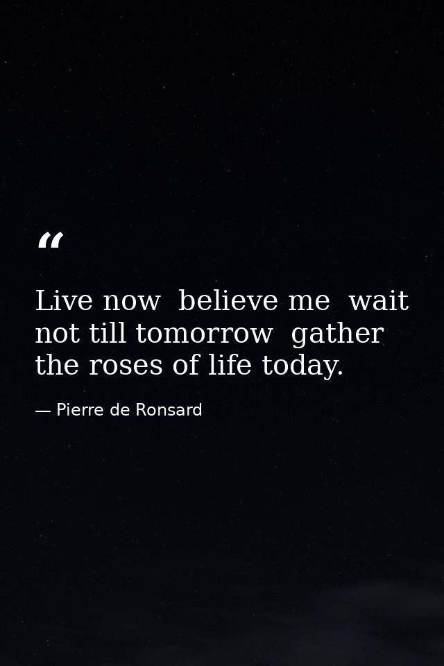 Live now  believe me  wait not till tomorrow  gather the roses of life today. — Pierre de Ronsard