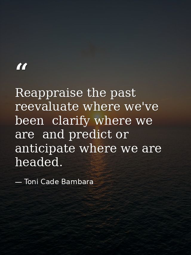Reappraise the past  reevaluate where we've been  clarify where we are  and predict or anticipate where we are headed. — Toni Cade Bambara