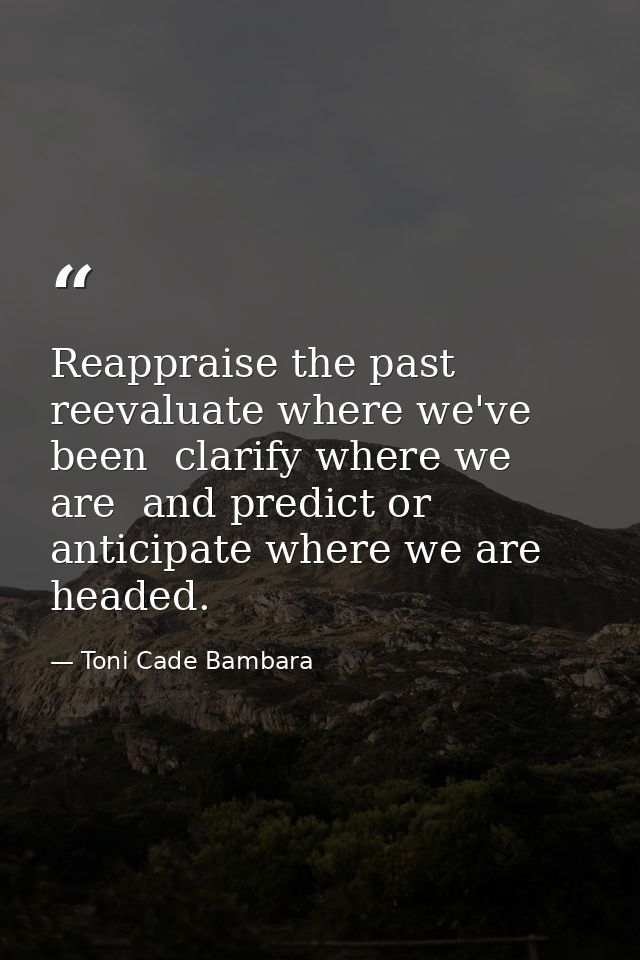 Reappraise the past  reevaluate where we've been  clarify where we are  and predict or anticipate where we are headed. — Toni Cade Bambara