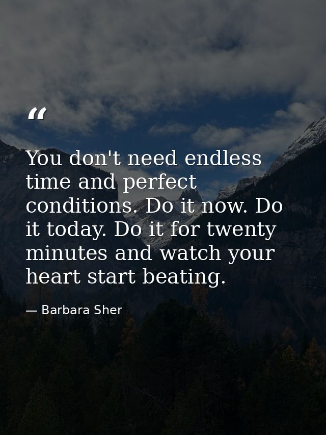 You don't need endless time and perfect conditions. Do it now. Do it today. Do it for twenty minutes and watch your hear — Barbara Sher