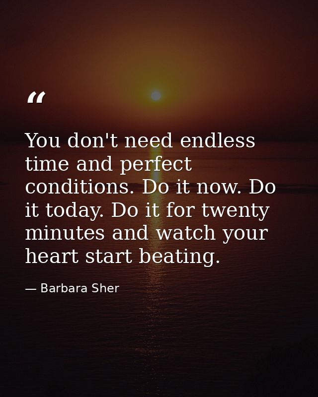 You don't need endless time and perfect conditions. Do it now. Do it today. Do it for twenty minutes and watch your hear — Barbara Sher