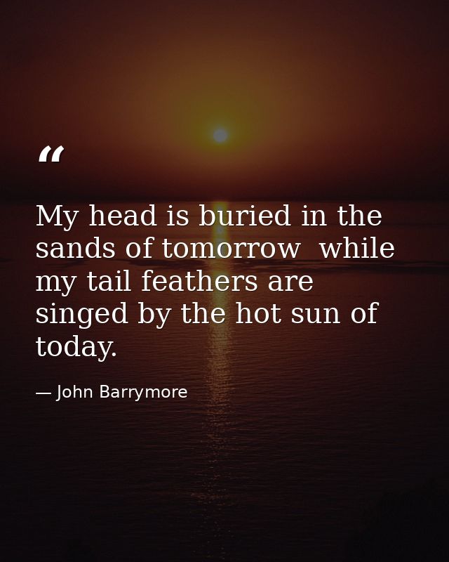 My head is buried in the sands of tomorrow  while my tail feathers are singed by the hot sun of today. — John Barrymore