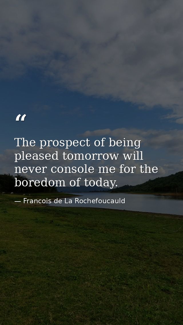 The prospect of being pleased tomorrow will never console me for the boredom of today. — Francois de La Rochefoucauld