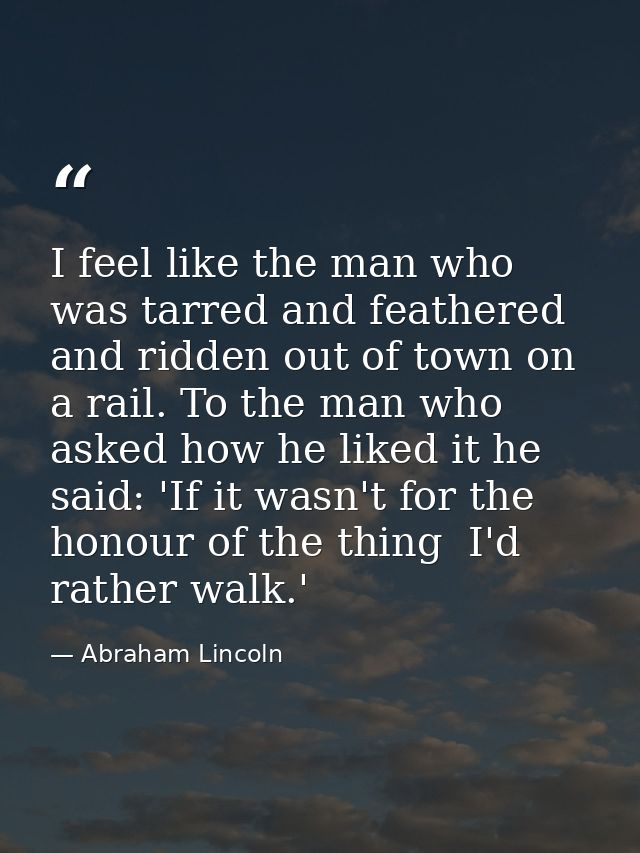 I feel like the man who was tarred and feathered and ridden out of town on a rail. To the man who asked how he liked it  — Abraham Lincoln