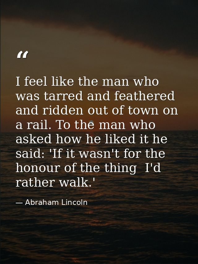 I feel like the man who was tarred and feathered and ridden out of town on a rail. To the man who asked how he liked it  — Abraham Lincoln