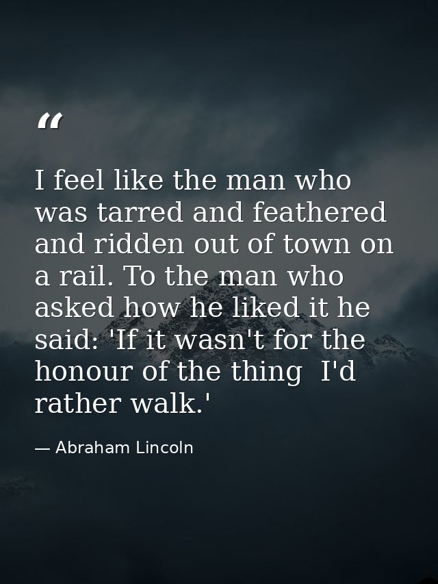 I feel like the man who was tarred and feathered and ridden out of town on a rail. To the man who asked how he liked it  — Abraham Lincoln