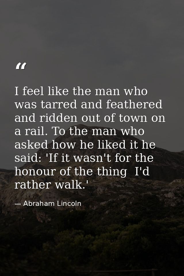 I feel like the man who was tarred and feathered and ridden out of town on a rail. To the man who asked how he liked it  — Abraham Lincoln