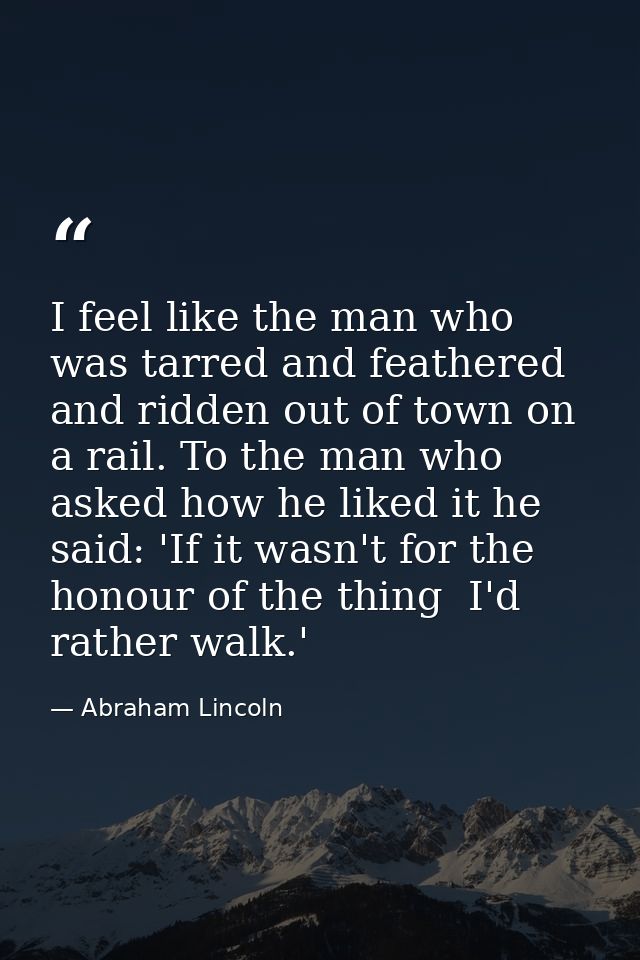 I feel like the man who was tarred and feathered and ridden out of town on a rail. To the man who asked how he liked it  — Abraham Lincoln