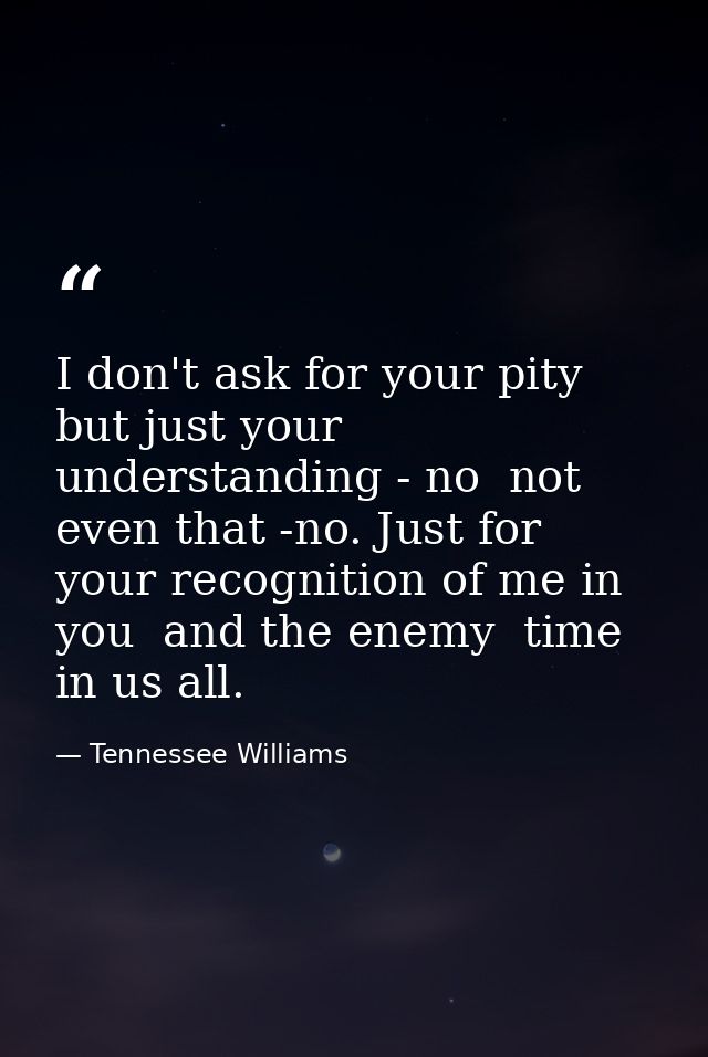 I don't ask for your pity  but just your understanding - no  not even that -no. Just for your recognition of me in you   — Tennessee Williams