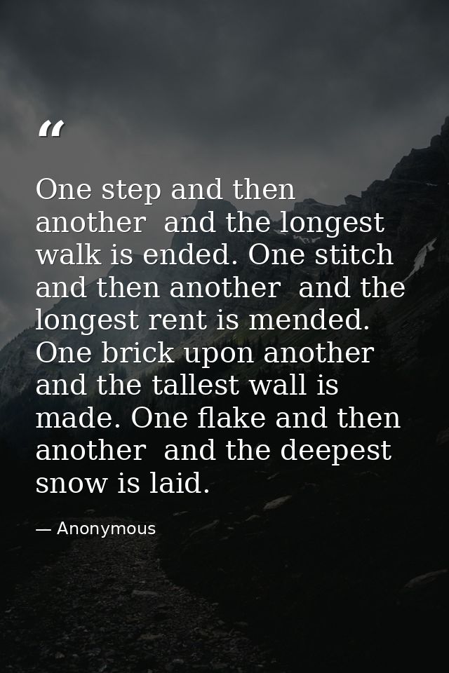 One step and then another  and the longest walk is ended. One stitch and then another  and the longest rent is mended. O — Anonymous