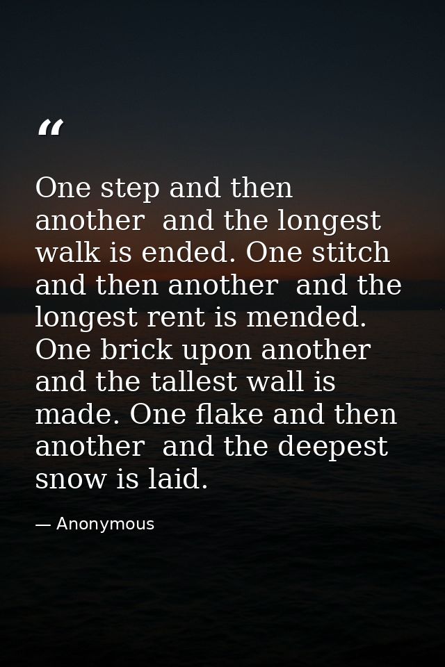 One step and then another  and the longest walk is ended. One stitch and then another  and the longest rent is mended. O — Anonymous
