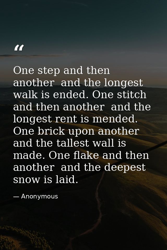 One step and then another  and the longest walk is ended. One stitch and then another  and the longest rent is mended. O — Anonymous