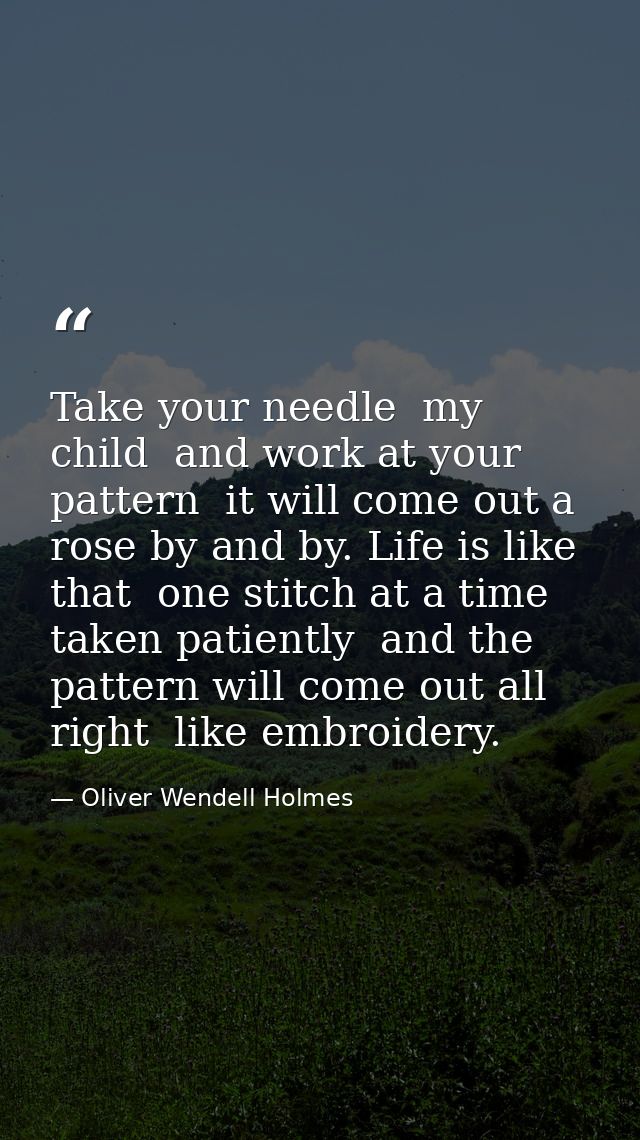Take your needle  my child  and work at your pattern  it will come out a rose by and by. Life is like that  one stitch a — Oliver Wendell Holmes