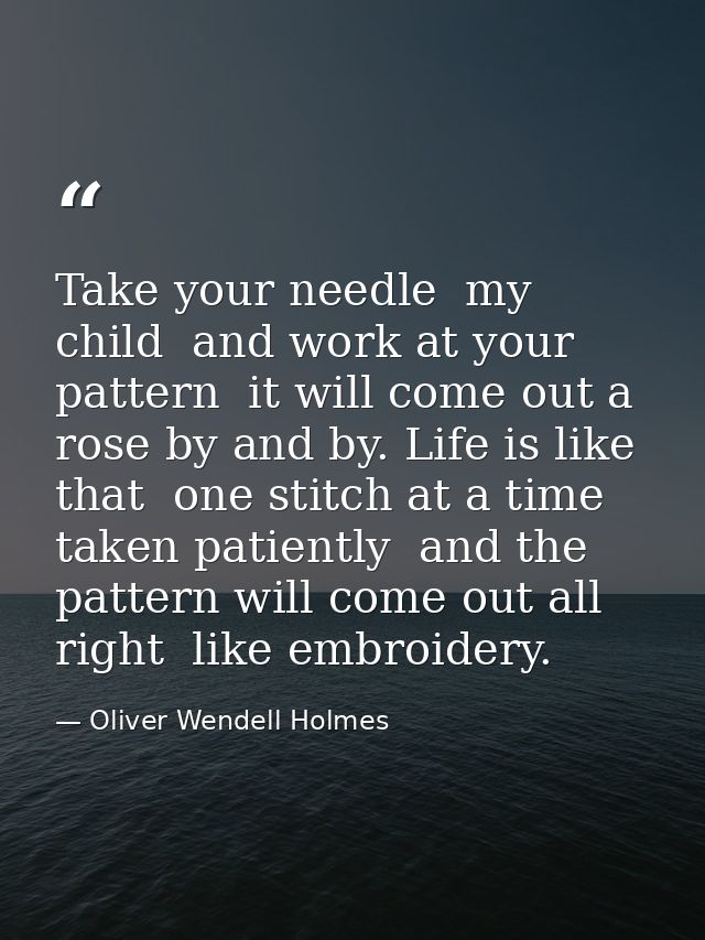 Take your needle  my child  and work at your pattern  it will come out a rose by and by. Life is like that  one stitch a — Oliver Wendell Holmes