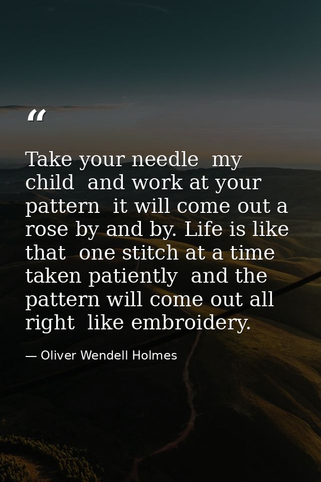Take your needle  my child  and work at your pattern  it will come out a rose by and by. Life is like that  one stitch a — Oliver Wendell Holmes