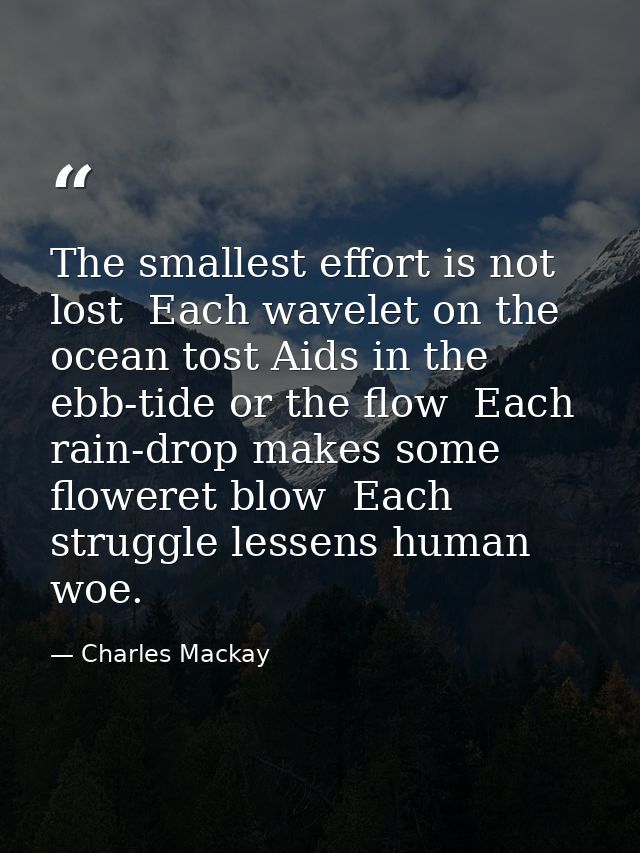 The smallest effort is not lost  Each wavelet on the ocean tost Aids in the ebb-tide or the flow  Each rain-drop makes s — Charles Mackay