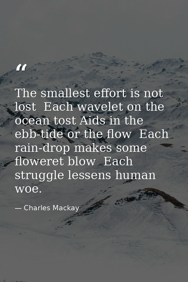 The smallest effort is not lost  Each wavelet on the ocean tost Aids in the ebb-tide or the flow  Each rain-drop makes s — Charles Mackay