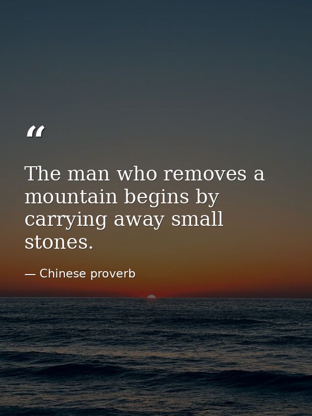 The man who removes a mountain begins by carrying away small stones. — Chinese proverb