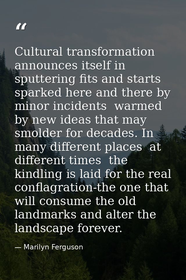Cultural transformation announces itself in sputtering fits and starts  sparked here and there by minor incidents  warme — Marilyn Ferguson