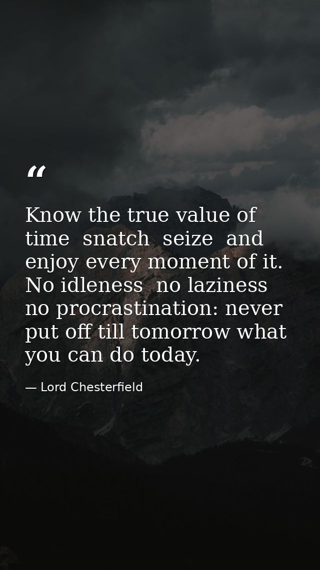 Know the true value of time  snatch  seize  and enjoy every moment of it. No idleness  no laziness  no procrastination:  — Lord Chesterfield