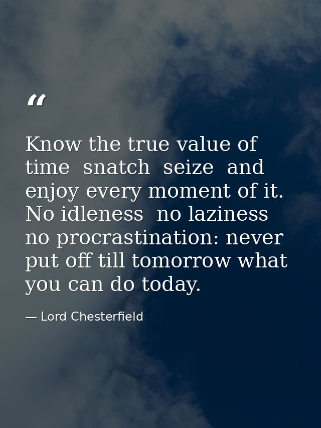 Know the true value of time  snatch  seize  and enjoy every moment of it. No idleness  no laziness  no procrastination:  — Lord Chesterfield