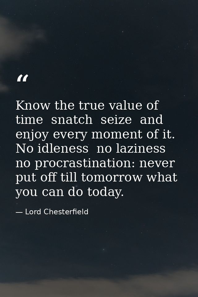 Know the true value of time  snatch  seize  and enjoy every moment of it. No idleness  no laziness  no procrastination:  — Lord Chesterfield